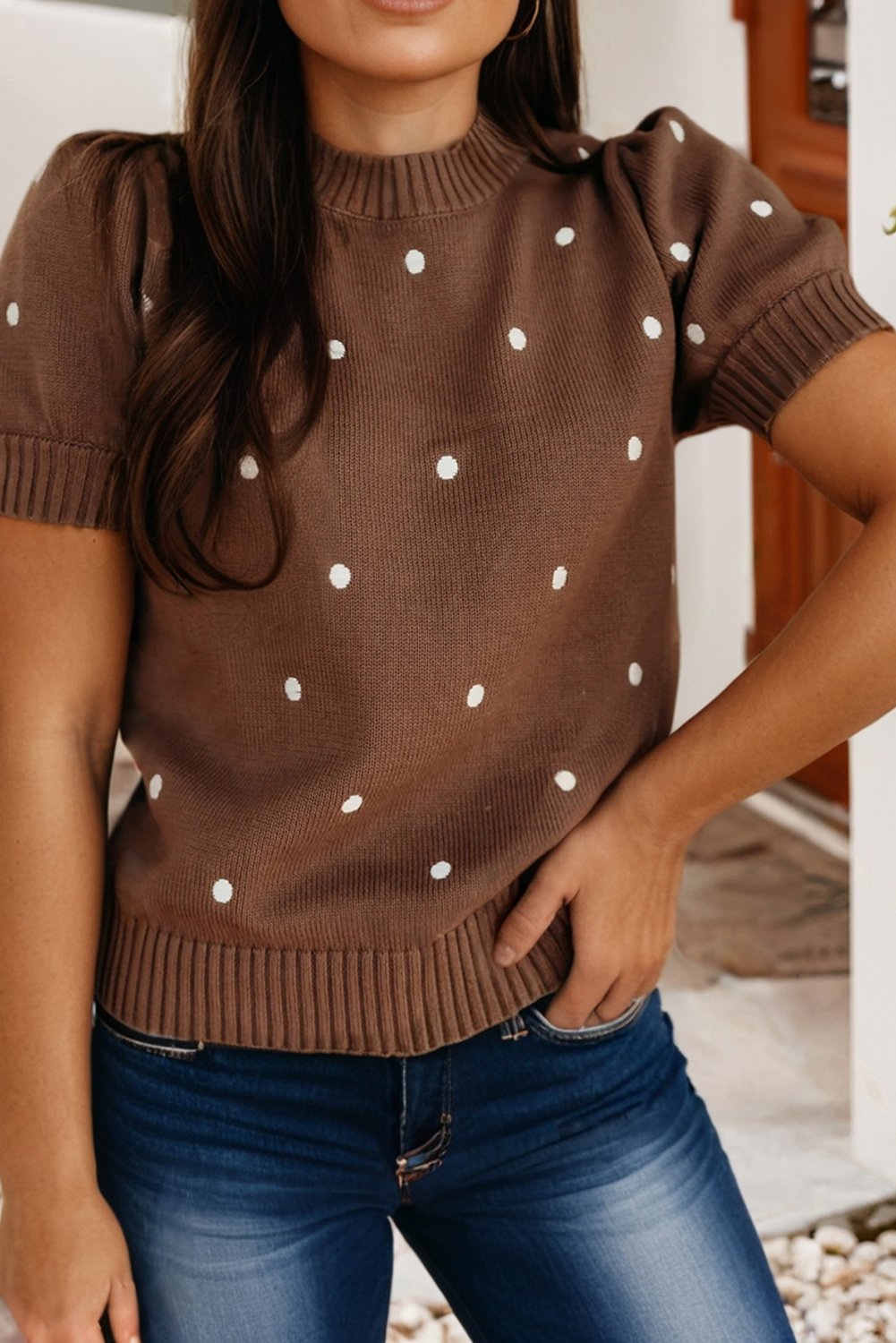Elegant Polka Dot Bubble Short Sleeve Sweater