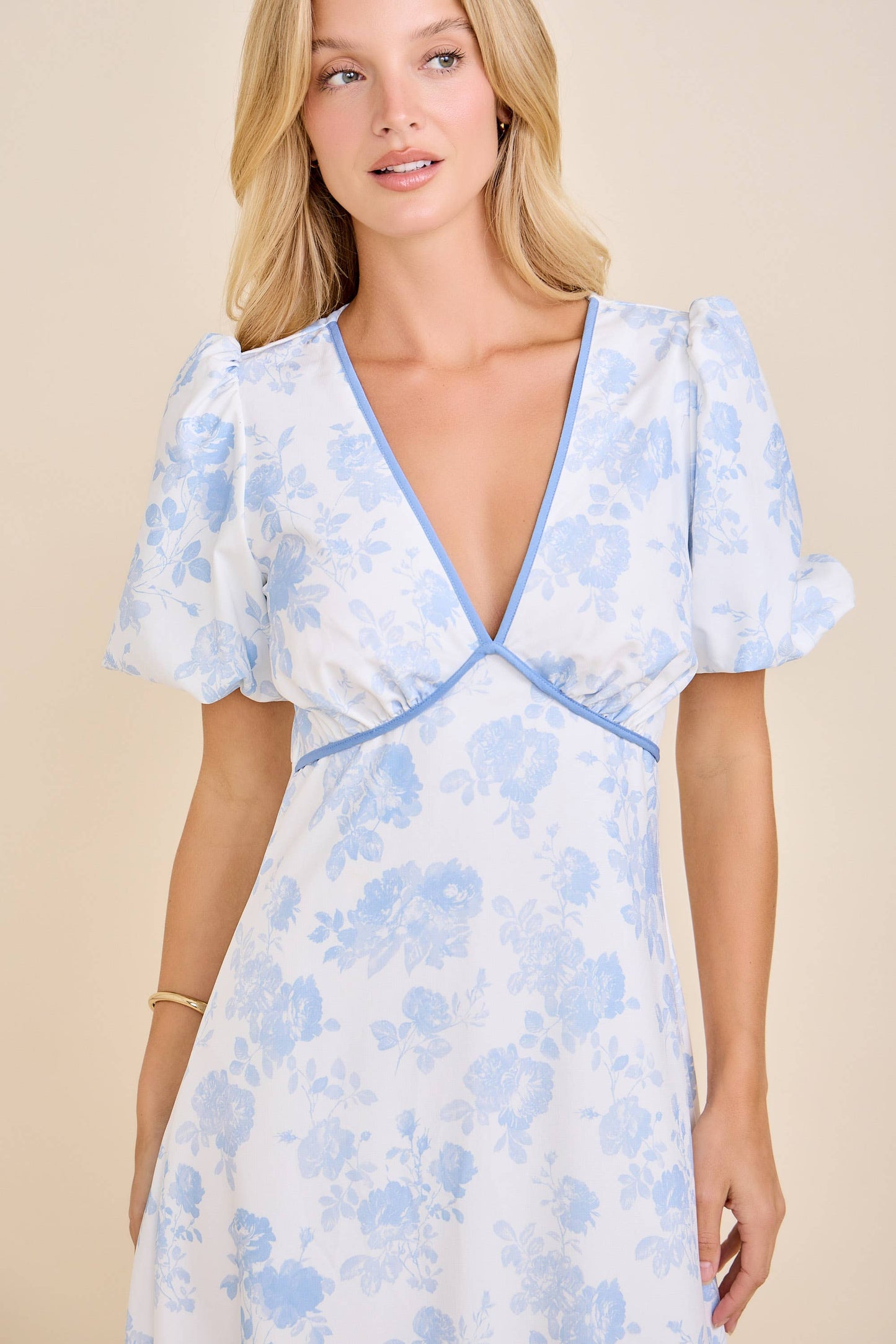 Toile Bubble Sleeve Maxi Dress