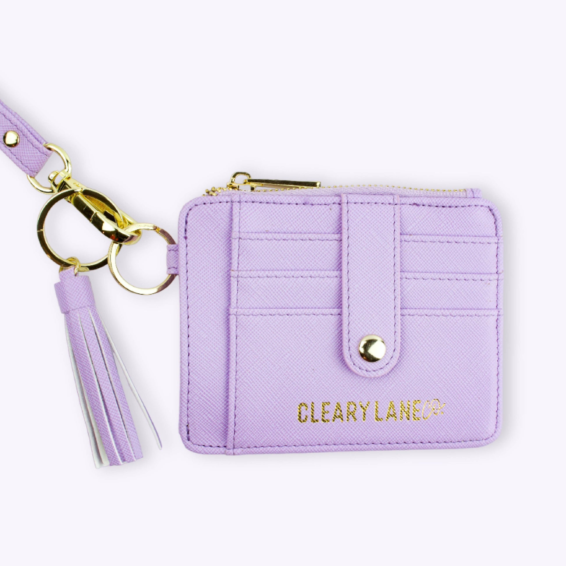  lilac-colored wallet keychain with a sturdy key ring and a zippered pouch, featuring gold hardware.