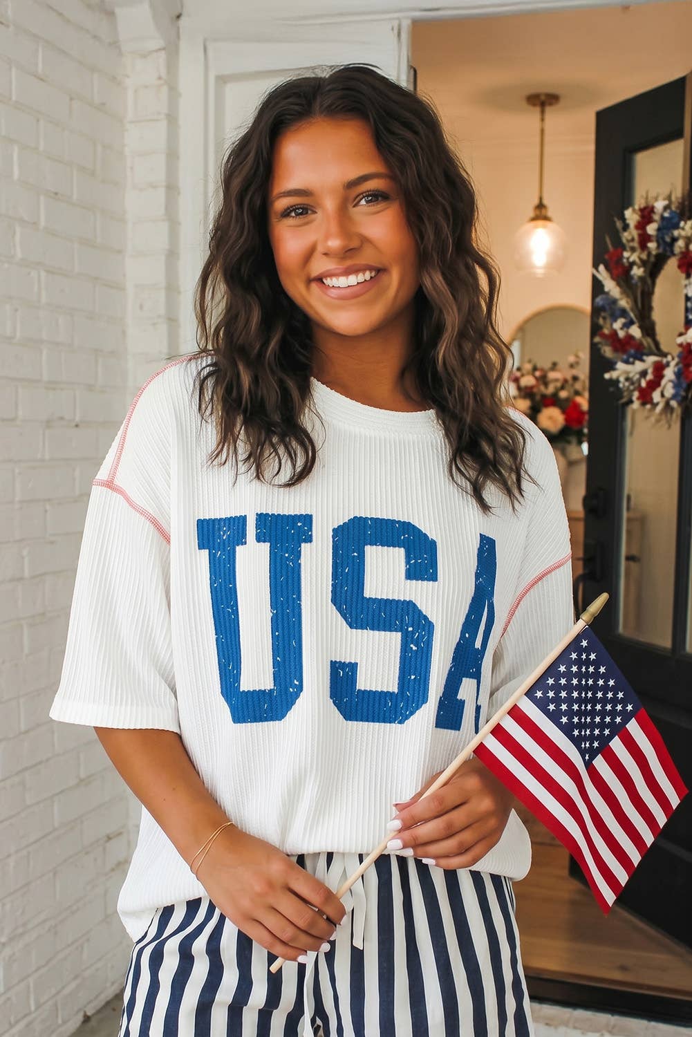 LAS USA Graphic Half Sleeve Loose Ribbed Top