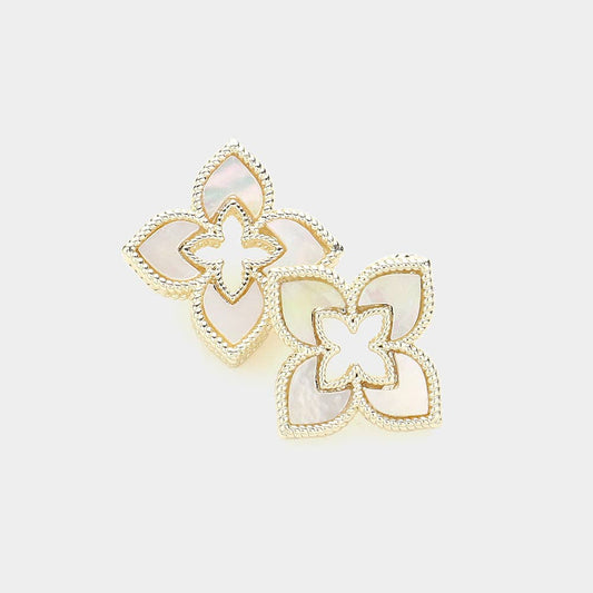 14K Gold Plated CZ Stone Paved Quatrefoil Stud Earrings