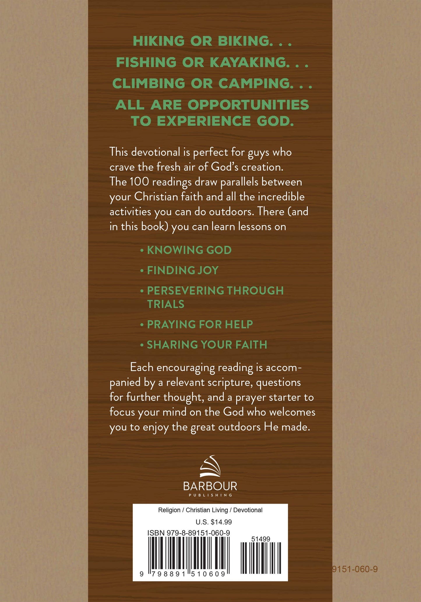 Back cover of a book with text about outdoor activities and opportunities to experience God, featuring a Barbour Publishing logo.