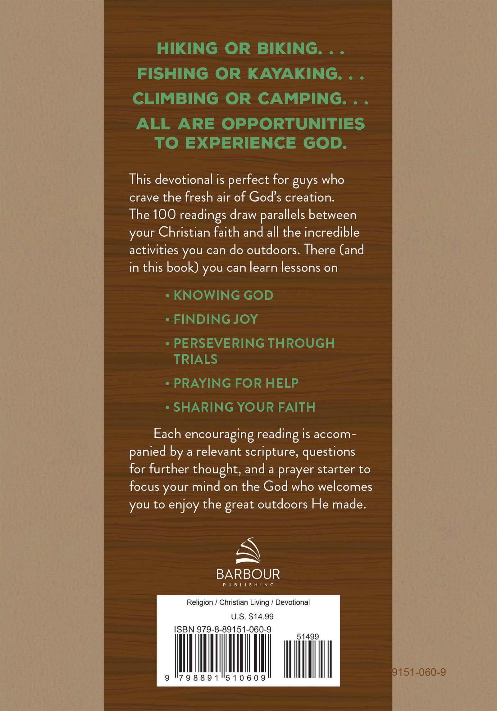 Back cover of a book with text about outdoor activities and opportunities to experience God, featuring a Barbour Publishing logo.