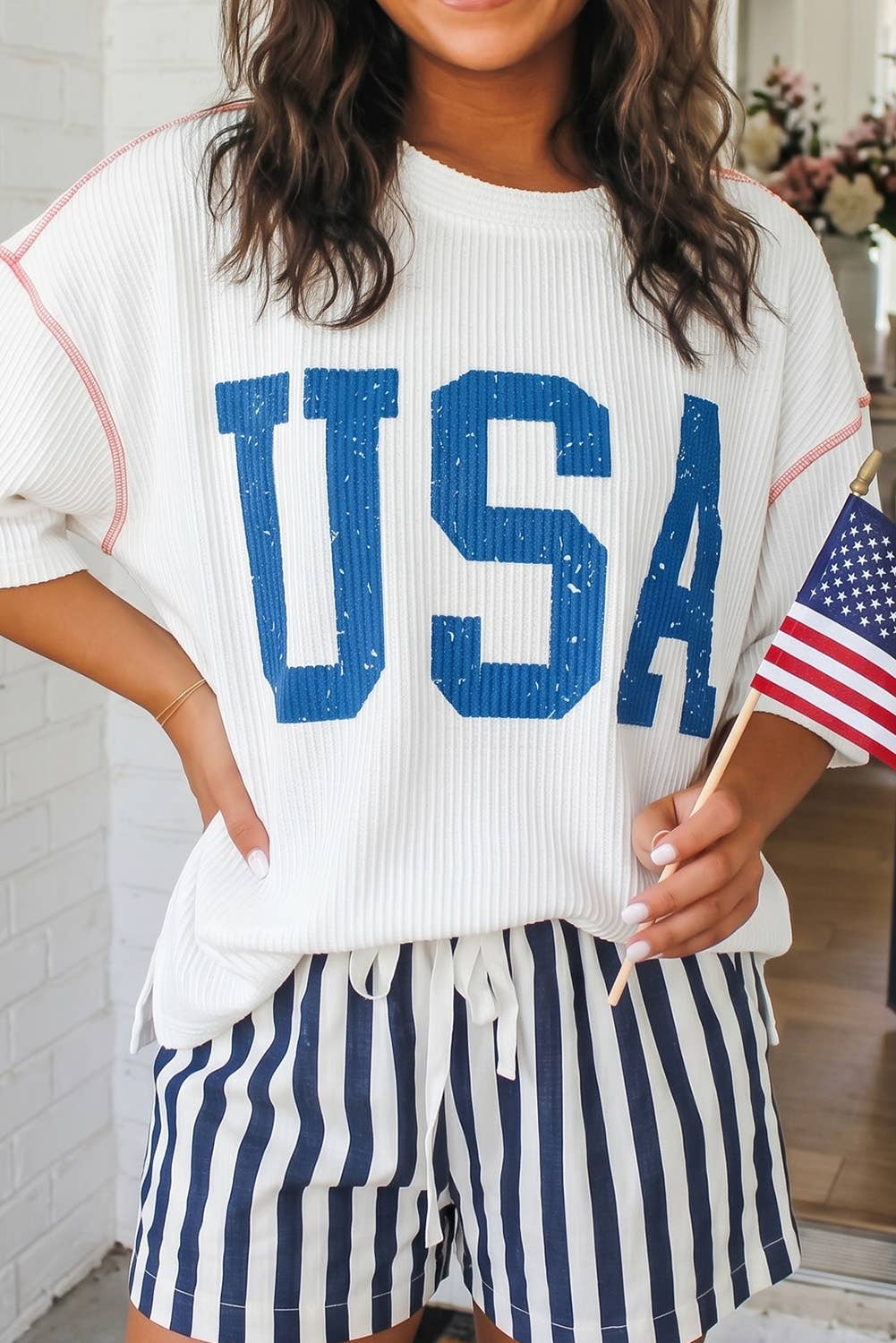 LAS USA Graphic Half Sleeve Loose Ribbed Top
