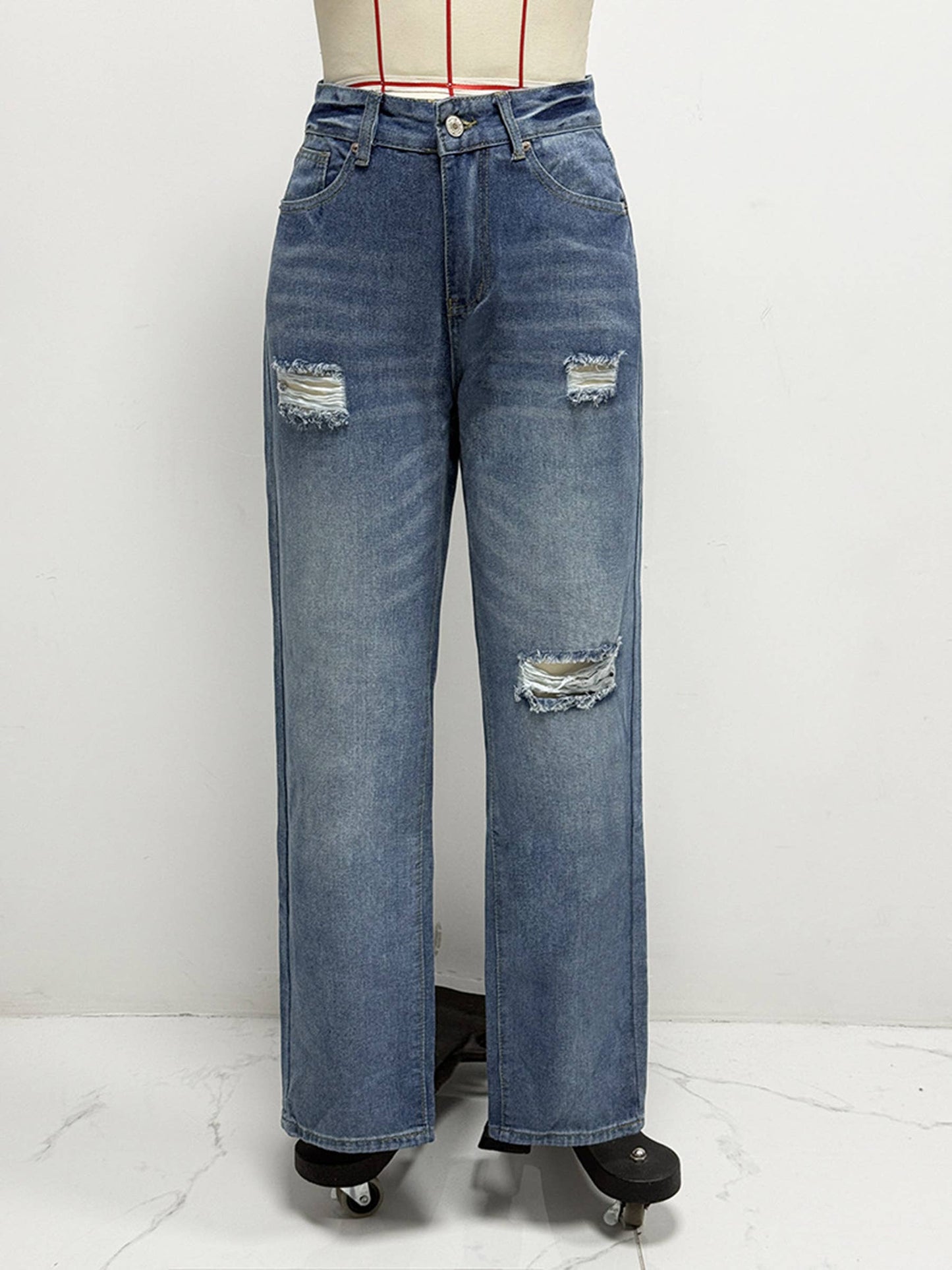 High Waisted Straight Leg Ripped Jeans