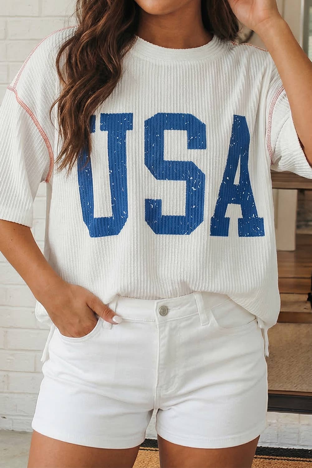 LAS USA Graphic Half Sleeve Loose Ribbed Top