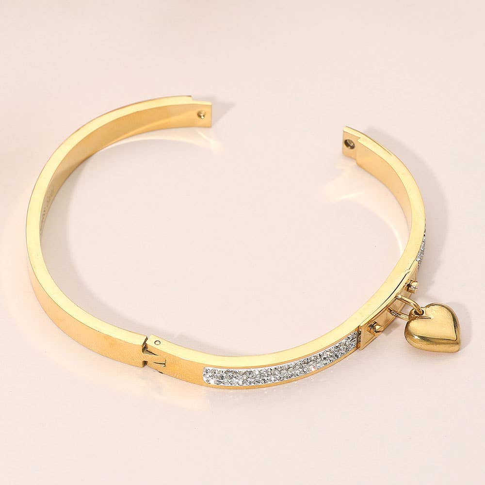 Stainless Steel Heart Charm Accent CZ Stone Paved Hinged Bangle Bracelet