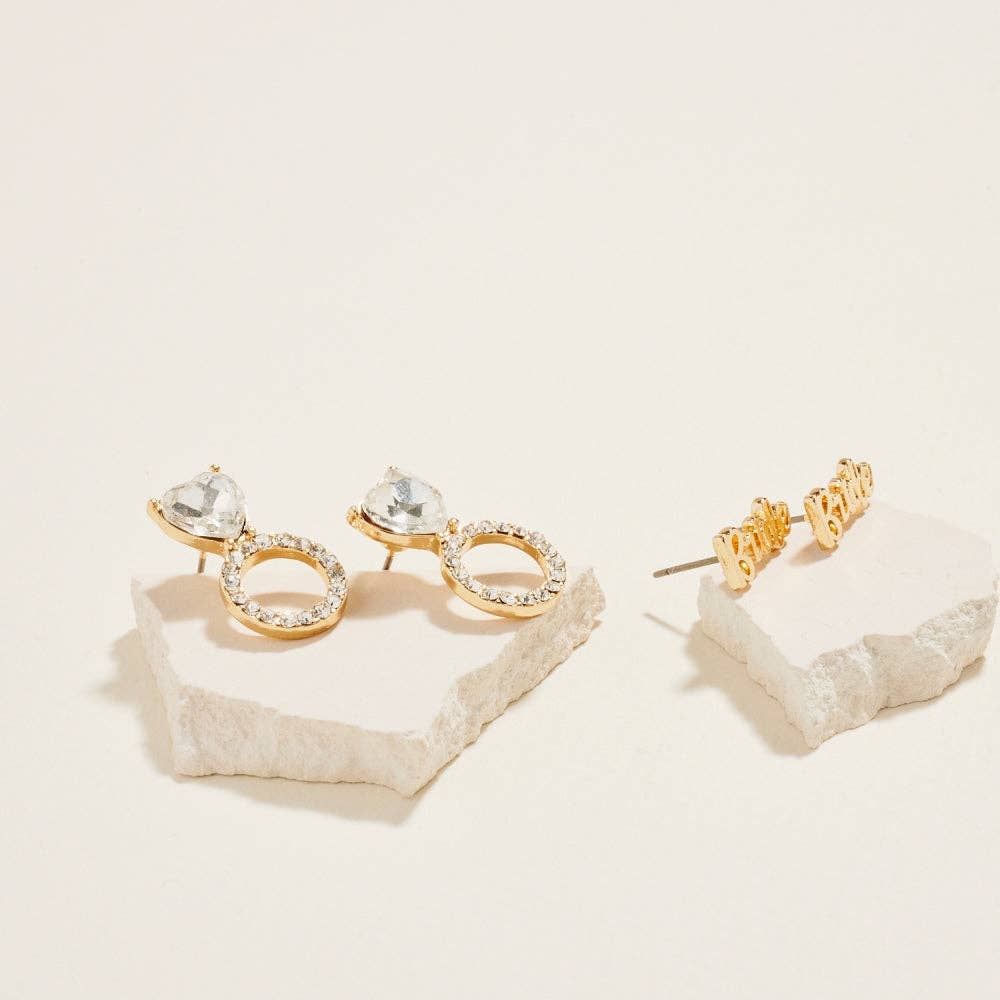 Bride Heart Rhinestone Ring 2PC Set Post Earrings