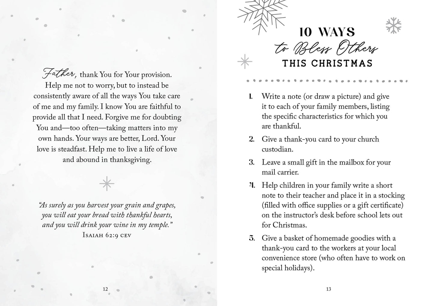 Page from a book titled '10 Ways to Bless Others This Christmas' with text and snowflake decorations.