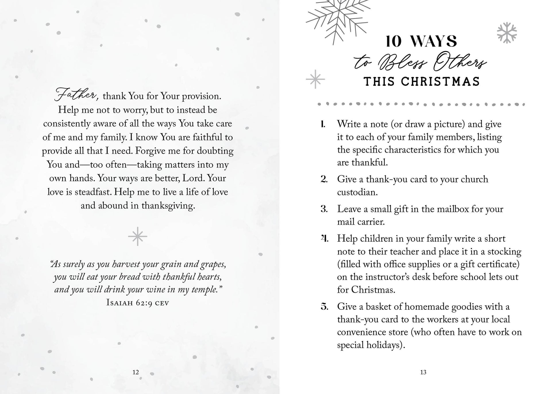 Page from a book titled '10 Ways to Bless Others This Christmas' with text and snowflake decorations.