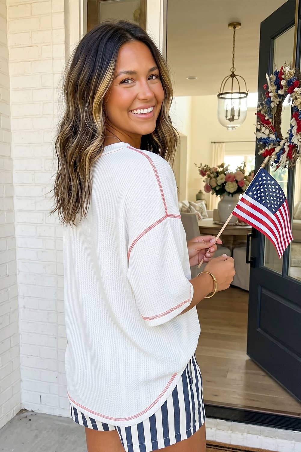 LAS USA Graphic Half Sleeve Loose Ribbed Top