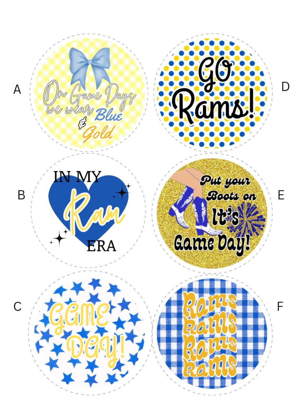 Scott City Game Day Buttons with variants A-F in blue and gold designs