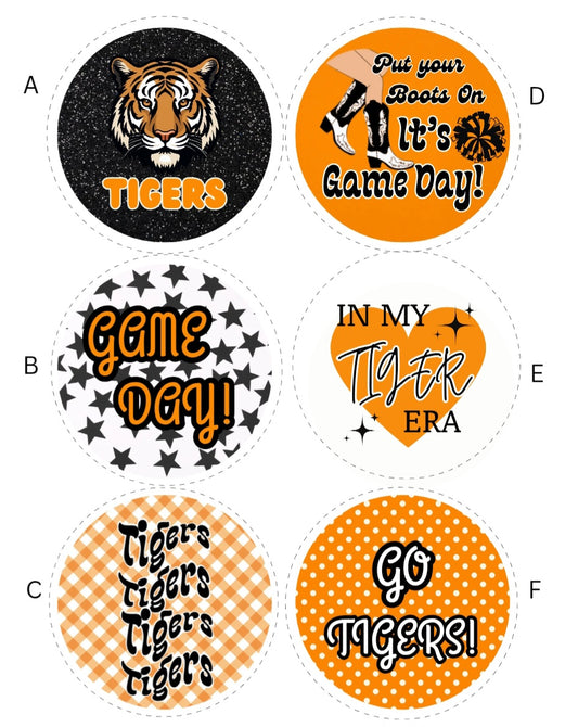 Cape Central tigers game day buttons in various designs A-F in orange and Black