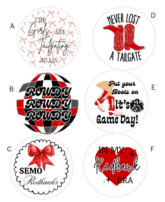 Semo redhawks game day buttons in various designs A-F in red and black