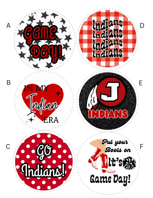 Jackson Indians game day buttons in various designs A-F in red and black
