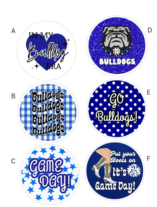 Notre dame bulldogs game day buttons in various designs A-F in blue gray and white 